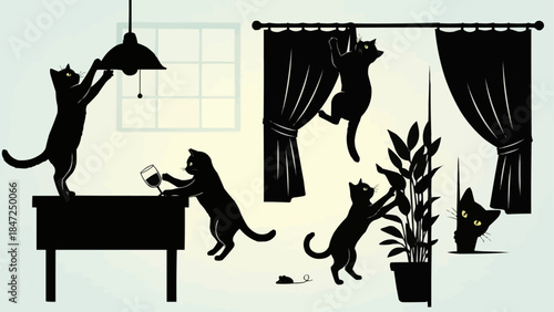 Playful Kittens Causing Chaos Indoors Silhouette.