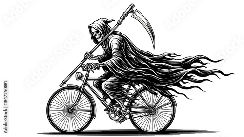 Grim reaper skeleton riding bicycle with scythe in hand drawn tattoo style vector illustration