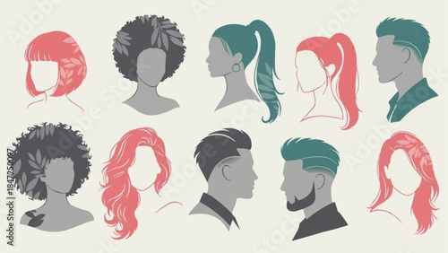 Diverse Collection of Stylized Human Head Silhouettes with Various Hairstyles.