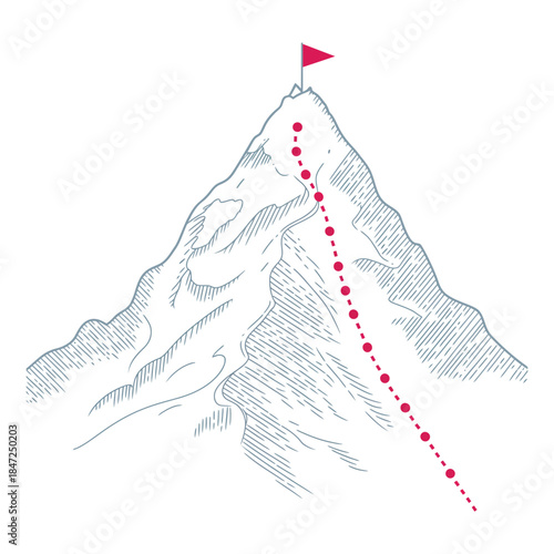Mountain Climbing Route to Top Rock, a vector illustration in polygon dot connect line style with a red flag on the peak, symbolizing business journey, progress, and goal achievement