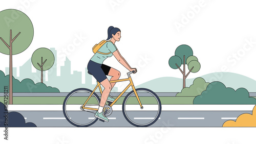 Young woman riding bicycle in city park with backpack and urban background flat vector illustration