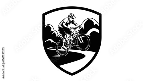 Mountain bike rider jumping silhouette logo emblem in shield shape vector design illustration