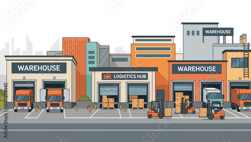 Logistics hub center with warehouse buildings trucks and forklifts flat vector illustration design