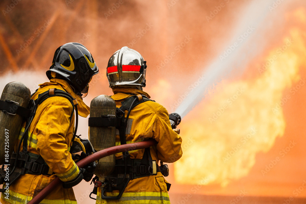 Obraz premium Firefighters using hose to control flames during emergency response