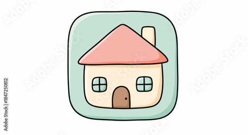 Simple cartoon house illustration with pink roof and window design  