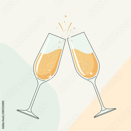 Two champagne glasses clinking with bubbles in minimalist style  