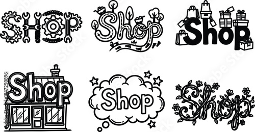 Collection of six unique shop signs and logos with various designs
