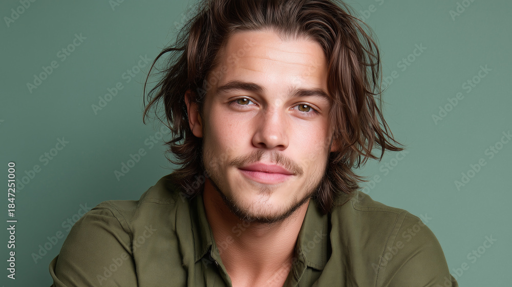 Fototapeta premium Natural oily radiance across male temples pastel sage green background relaxed expression casual style long brown hair youthful adult stubble direct gaze