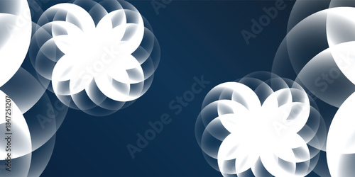 Elegant abstract background with luminous white overlapping circles forming floral motifs against a dark blue gradient.