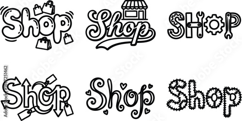 Set of six black and white Shop logos with various styles and icons