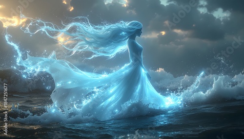 Radiant Water Nymph Flow. Abstract luminous water spirit in flowing motion