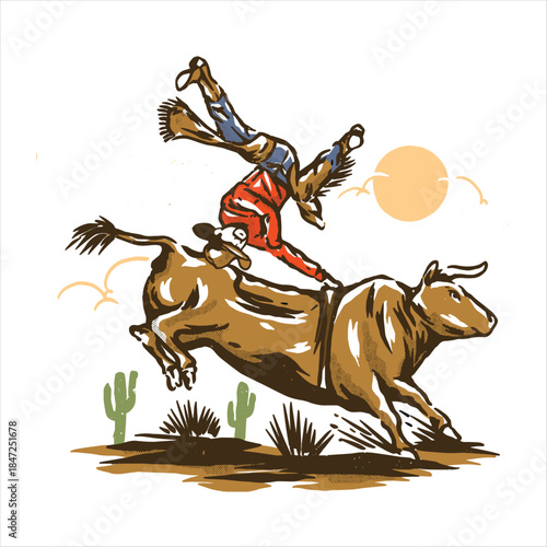 Bull Riding Cowboy Rodeo Action Western Illustration