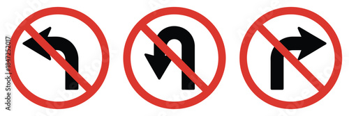 No Left Right and U Turn Sign Symbol featuring prohibitory traffic signs with red crossed-out circle arrows, ideal for road safety, signage, and traffic illustration