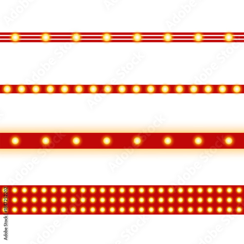 Set of red frames and borders with glowing lights, isolated on transparent background. Collection of endless dividers with glowing lights that can be used to create various square and rectangle frames