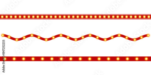 Collection of red borders and dividers with glowing light bulbs. Retro theater marquee design for festive banner, entertainment frame, cinema decoration, Broadway style separator or party element. PNG
