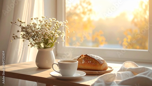 朝の光に包まれたパンとコーヒー背景