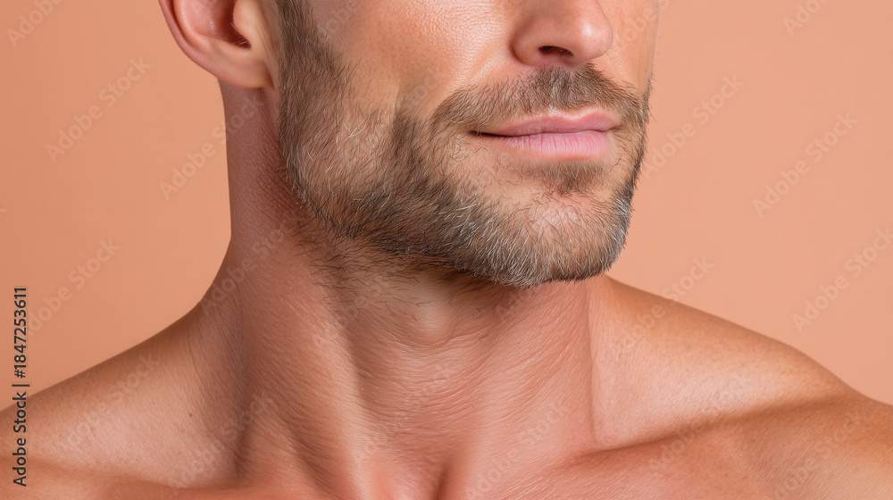 Fototapeta premium Ultra close up of velvety male skin with gentle shadows stubble beard smooth complexion healthy skin masculine jawline natural texture soft lighting adult man bare shoulders neutral background