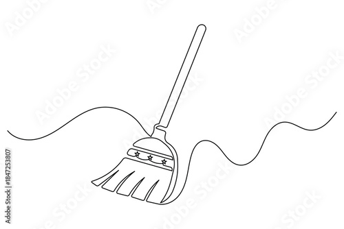 Floor cleaning broom continuous line drawing isolated domestic element