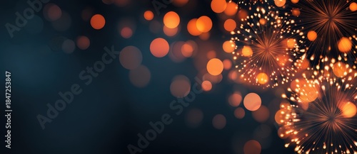Golden orange fireworks explosion with bokeh light effects on dark blue background. Festive celebration concept for New Year.