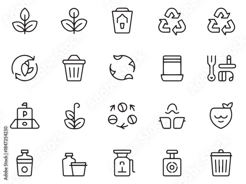 Set of eco-friendly line icons representing sustainability and recycling concepts.