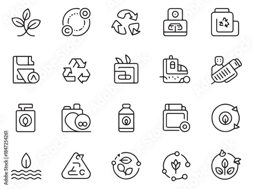 A collection of eco-friendly icons representing sustainability and recycling in a minimalist style.