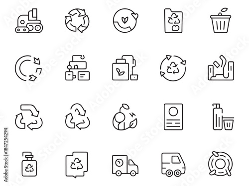 A collection of line icons depicting recycling symbols and eco-friendly concepts in a minimalist style.