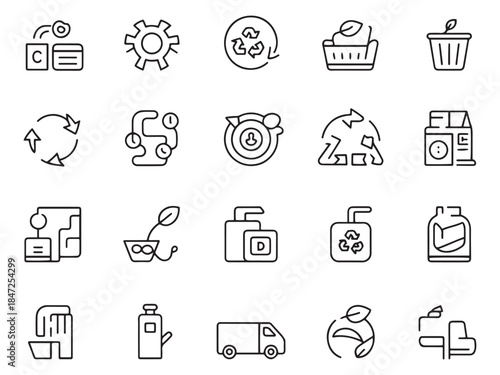 Collection of minimalist recycling icons illustrating eco-friendly practices and sustainability.