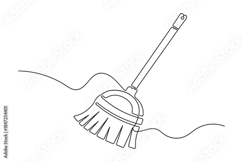 Single line art illustration of a sweeping broom continuous outline