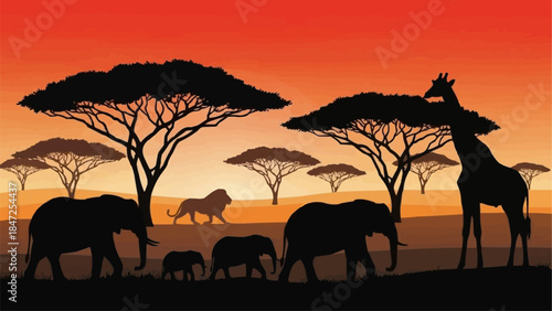 African Wildlife Silhouette Safari Scene.