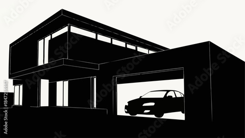 Modern House with Attached Garage and Car Silhouette.
