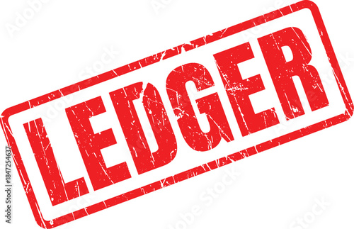 The textured red grunge rubber stamp clearly shows the word LEDGER on a bright white surface