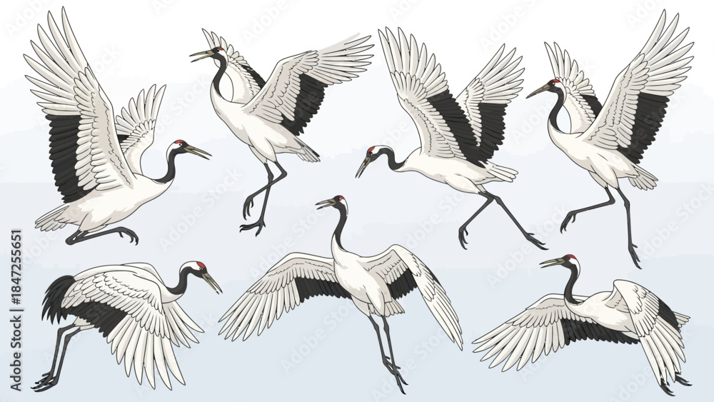Obraz premium Elegant Japanese Cranes in Various Dynamic Poses - A Study in Graceful Avian Movement
