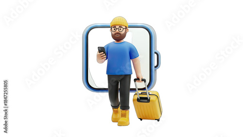 3D Traveler Walking with Luggage and Smartphone