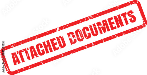 Red grunge rubber stamp mark with attached documents text displayed on a bright white background