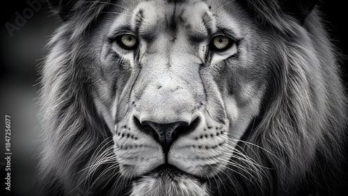 Striking Black and White Portrait of a Male Lion with Intense Eyes
