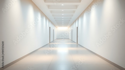 Long corridor with bright lights and minimalist architectural lines.