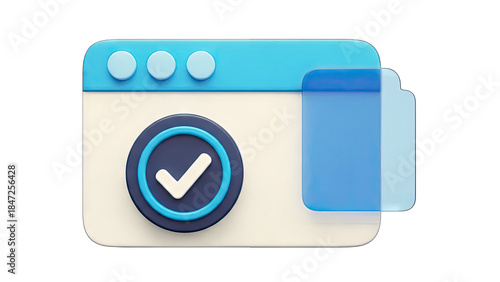 3D Website with Checkmark: Successful Online Task