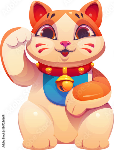Japanese toy Maneki Neko cat with waving paw, vector cartoon character. Maneki neko lucky cat or Japanese animal toy doll with golden bell on collar for Japan traditional handicraft art