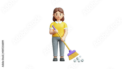3D Woman Sweeping with Broom on White Background