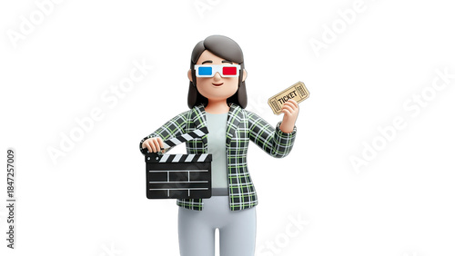 3D Woman with Clapperboard, Ticket, and 3D Glasses in Cinema