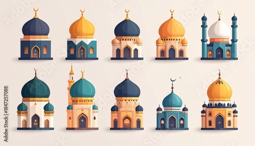 Wallpaper Mural Pixelated Mosque Illustrations with Dome Structures and Architectural Design in Various Colors on Beige Background Torontodigital.ca
