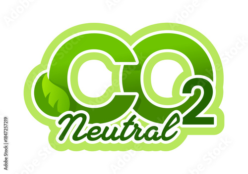 Carbon dioxide, greenhouse gas neutral pollution icon. Dioxide emission sticker, greenhouse gas pollution ecology vector symbol. Carbon neutral footprint label with handwritten typography and leaf