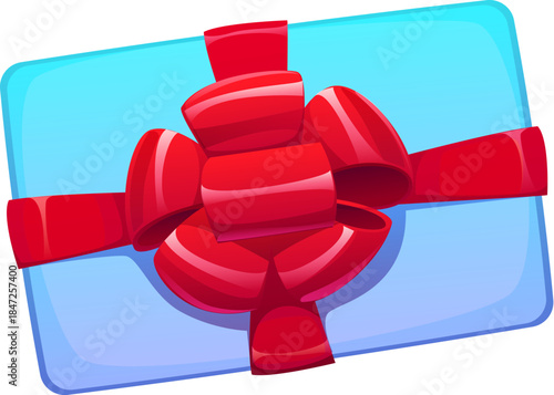 Christmas holiday cartoon gift box decoration or sticker. Xmas holiday blue gift box, happy New Year festive giftbox vector object. Merry Christmas celebration present decoration with red ribbon bow