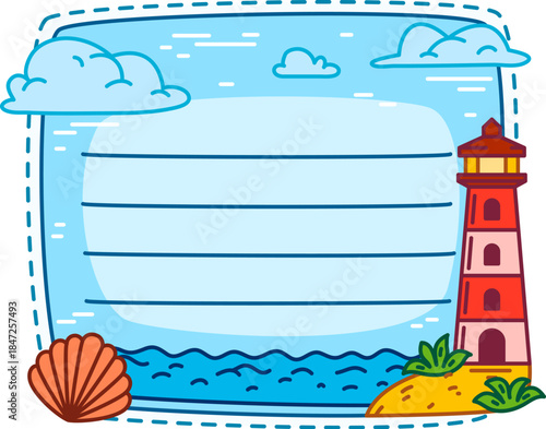 Marine nautical kids memo note of lighthouse at sea beach frame for planner list, vector sticker. Kids memo note with seashell and ocean waves for message post and daily plan page of diary label