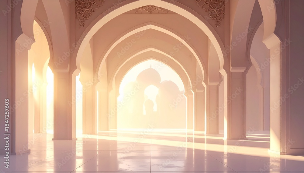 Obraz premium Sunlit Architectural Corridor with Arched Entryways and Intricate Patterns Creating a Sense of Depth and Serenity