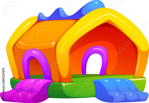 Trampoline park vector bouncy house. Inflatable playhouse with arched purple entrances and vibrant roof, two small slides in blue and purple leading to green base. Amusement park, playground usage.