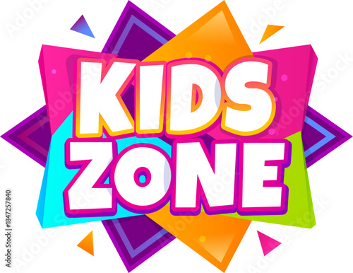 Kids party game zone colorful icon or banner. Kids party room isolated label, children amusement park vector tag or sticker. Baby game zone cartoon icon with colorful geometric shapes and typography