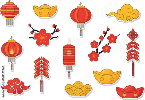 Festive Chinese New Year Elements Lanterns, Gold Ingots, and Plum Blossoms