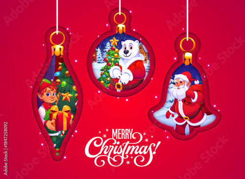 Merry Christmas paper cut greetings card with Xmas balls and decorations vector background. Cartoon cute Santa, elf and bear characters in 3d paper cut Xmas ball frames, Merry Christmas greetings card