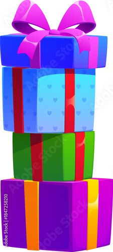 Christmas celebration gift boxes stack cartoon decoration. Merry Christmas festive surprise, New Year celebration present vector decoration. Winter holiday blue, green and purple gift boxes stack